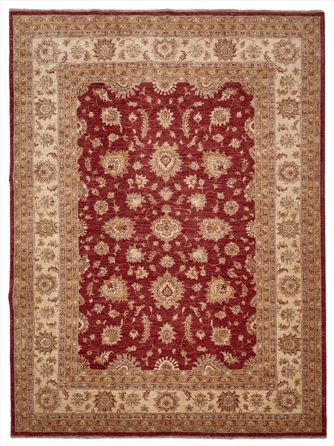 Handmade Wool Turkish Rug: Cream & Burgundy Anatolian Design 205x297 cm