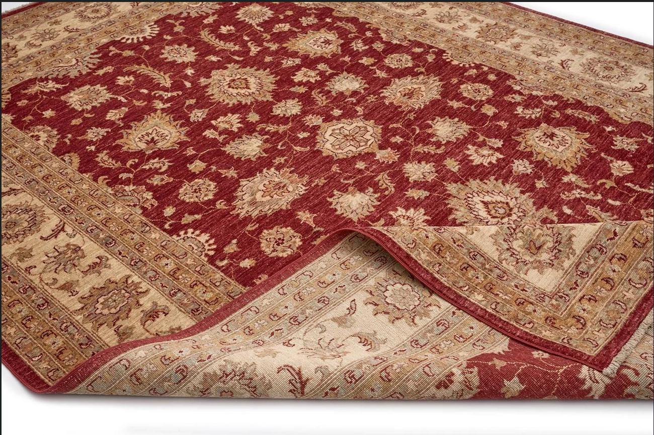 Handmade Wool Turkish Rug: Cream & Burgundy Anatolian Design 205x297 cm