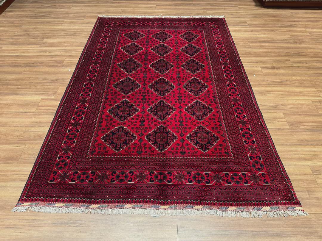 Kırmızı Vintage Afgan Halısı - El Dokuma Yün Halı - Geleneksel Oryantal Desen - 196x289 cm