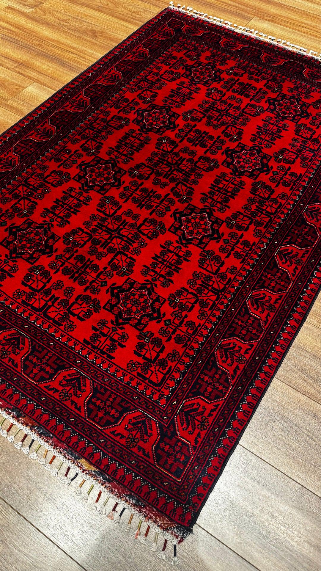 Kırmızı Vintage Afgan Halısı - El Dokuma Yün Halı - Geleneksel Oryantal Desen - 121x178 cm