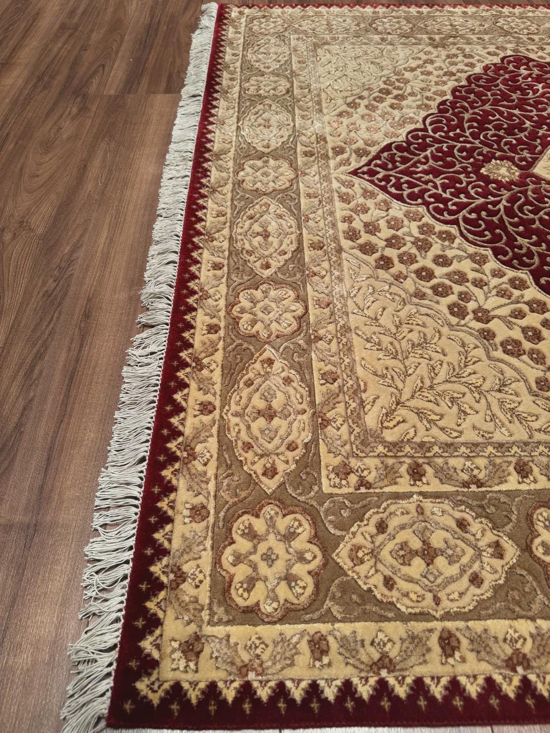 Indian Original Hand-Woven Beige Red Wool Bamboo Carpet 174x240