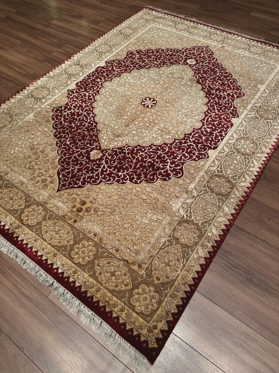 Indian Original Hand-Woven Beige Red Wool Bamboo Carpet 174x240