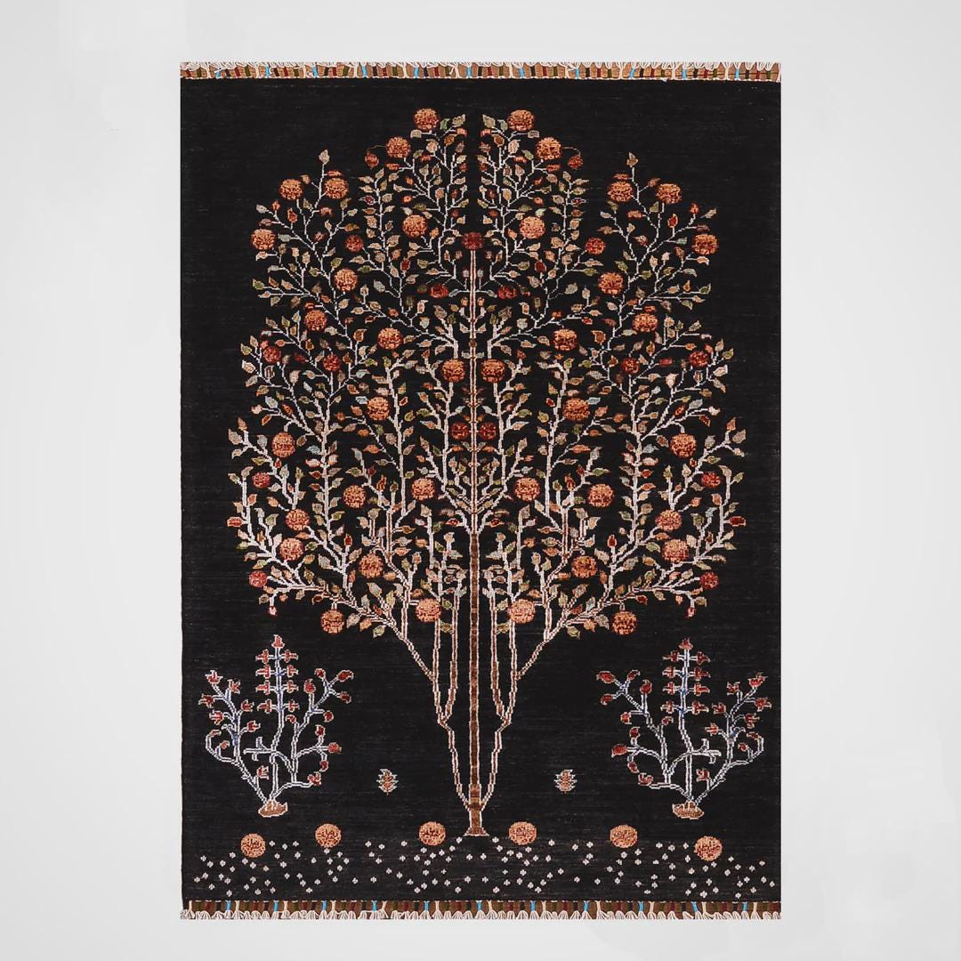 Sultani Tree of Life Original Hand-Woven Black Root Dye Wool Carpet 0.97x150
