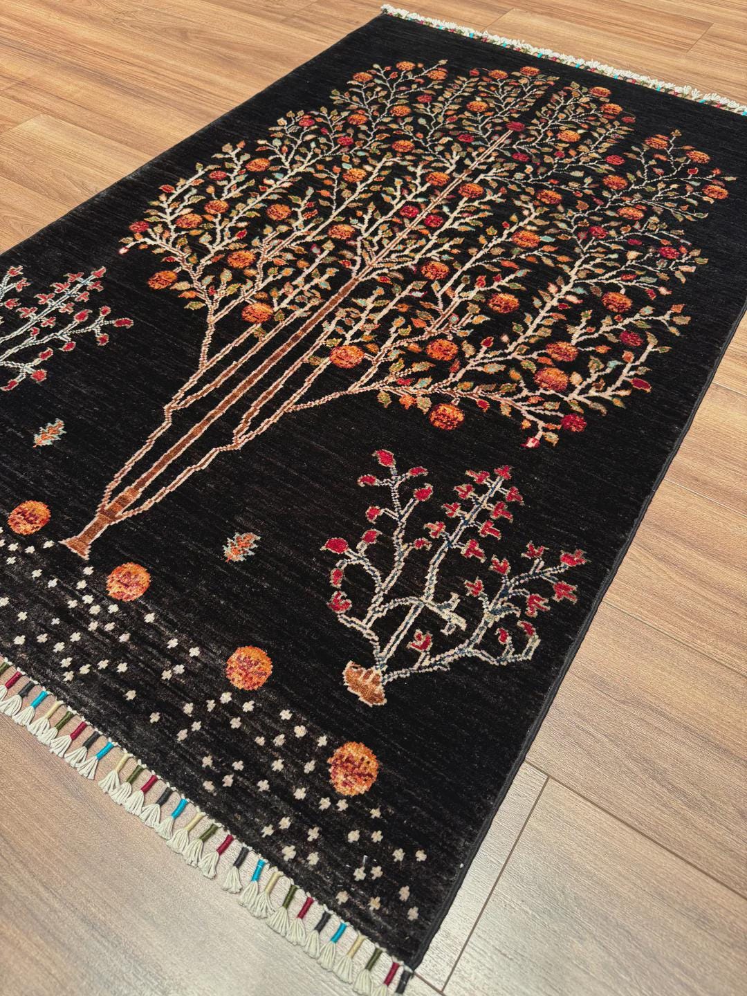 Sultani Tree of Life Original Hand-Woven Black Root Dye Wool Carpet 0.97x150
