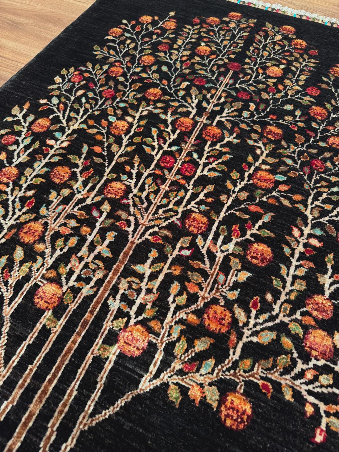 Sultani Tree of Life Original Hand-Woven Black Root Dye Wool Carpet 0.97x150