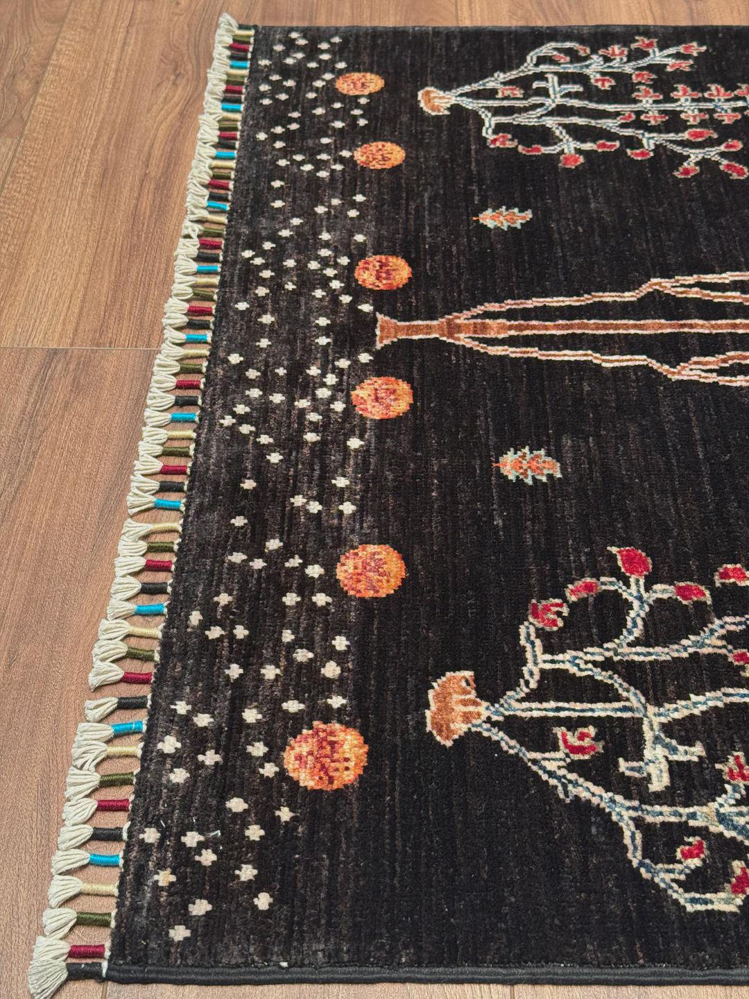Sultani Tree of Life Original Hand-Woven Black Root Dye Wool Carpet 0.97x150