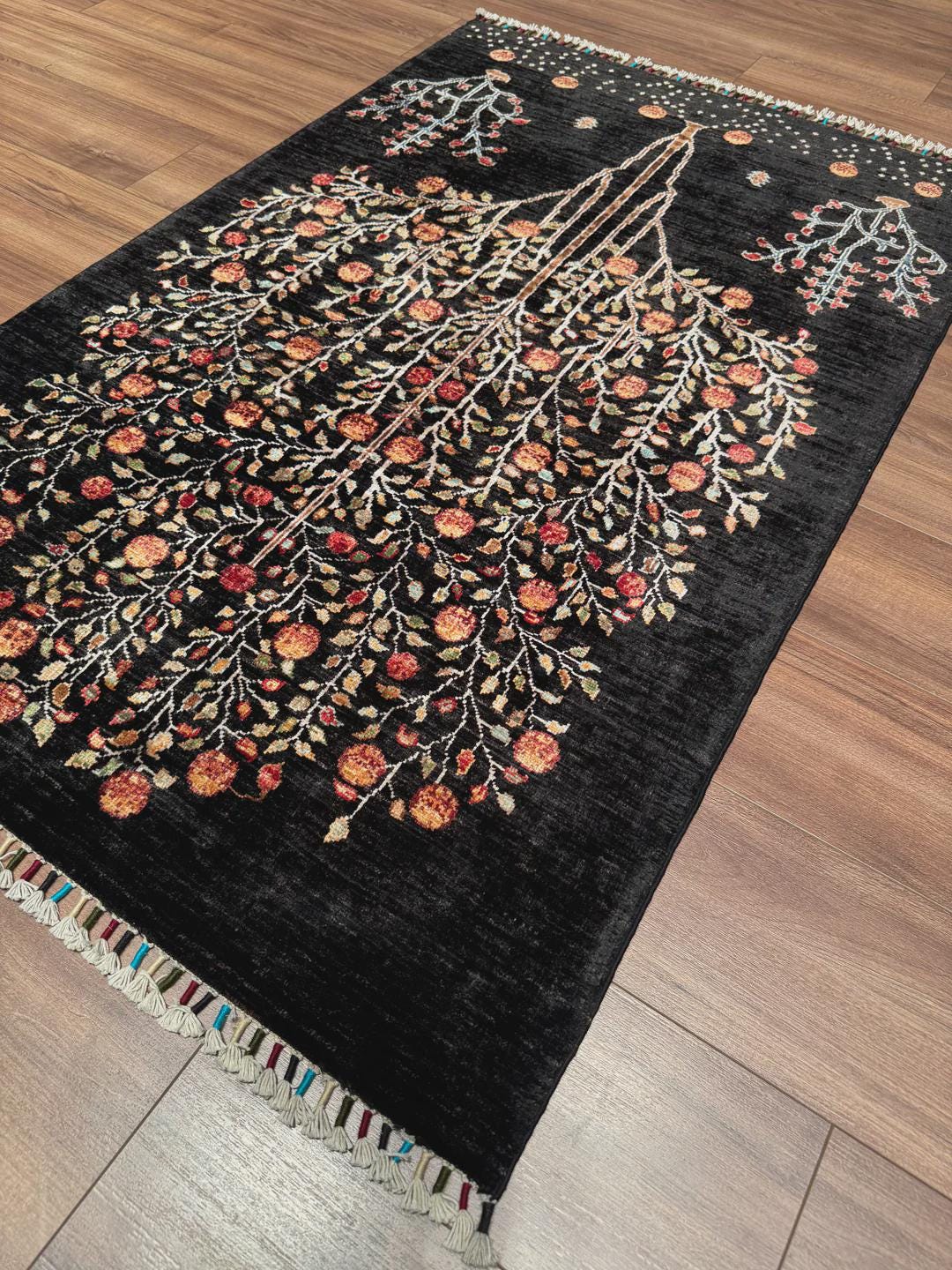 Sultani Tree of Life Original Hand-Woven Black Root Dye Wool Carpet 0.97x150