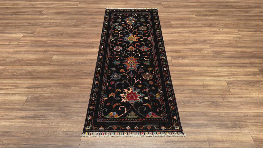 Sultani Floral Runner Original Hand-Woven Black Root Dye Wool Carpet 0.81x207