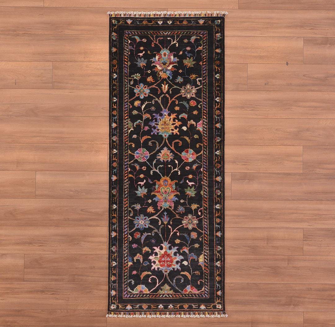 Sultani Floral Runner Original Hand-Woven Black Root Dye Wool Carpet 0.81x207