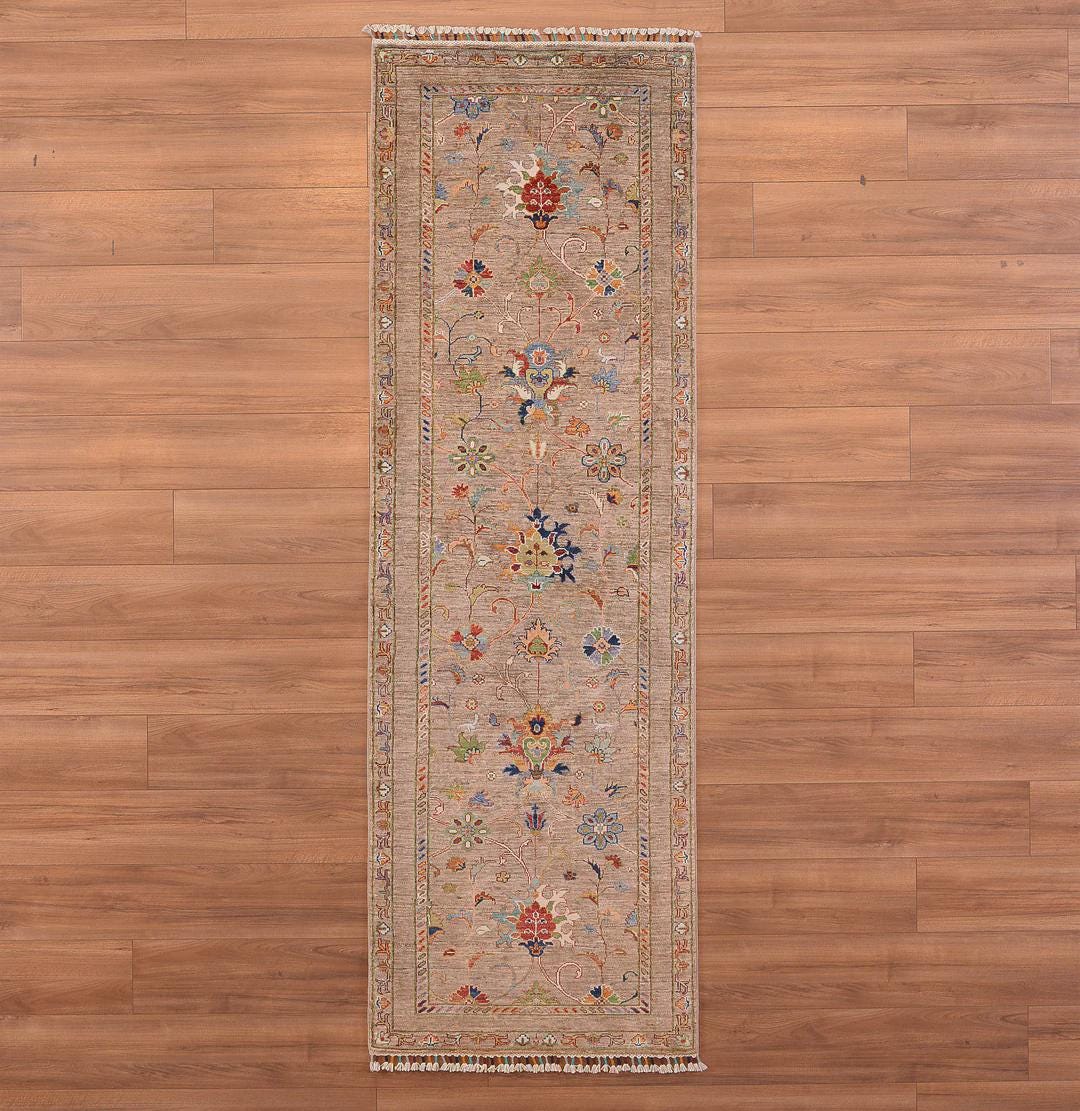 Sultani Floral Runner Original Hand-Woven Beige Root Dye Wool Carpet 0.83x259