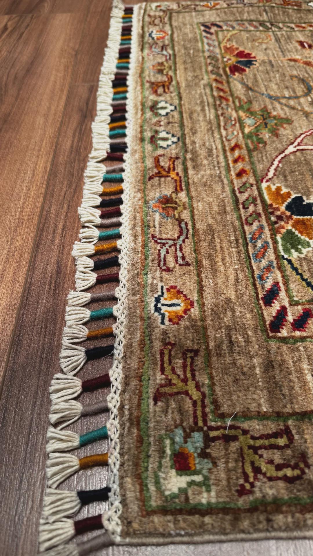 Sultani Floral Runner Original Hand-Woven Beige Root Dye Wool Carpet 0.83x259