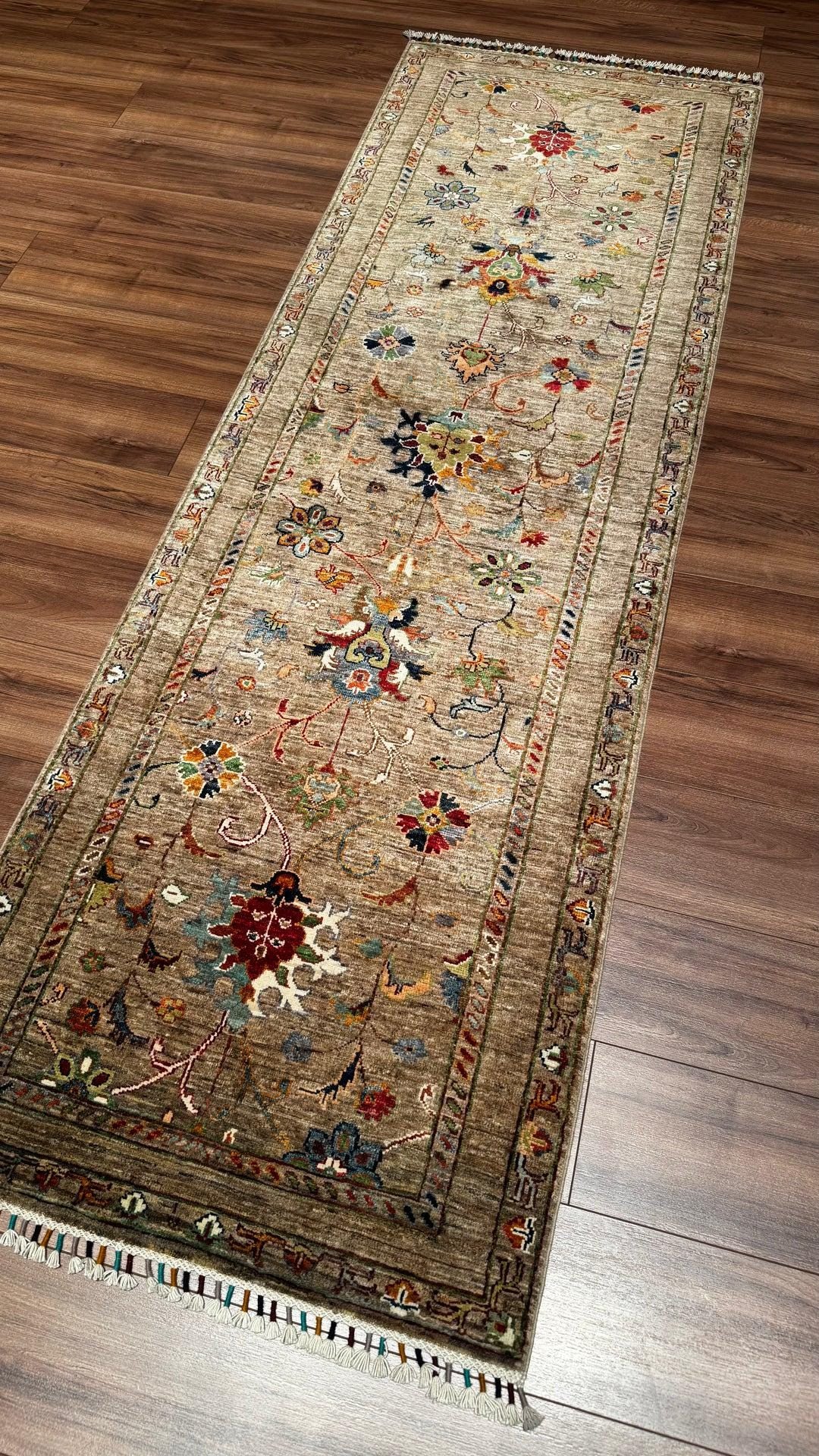 Sultani Floral Runner Original Hand-Woven Beige Root Dye Wool Carpet 0.83x259