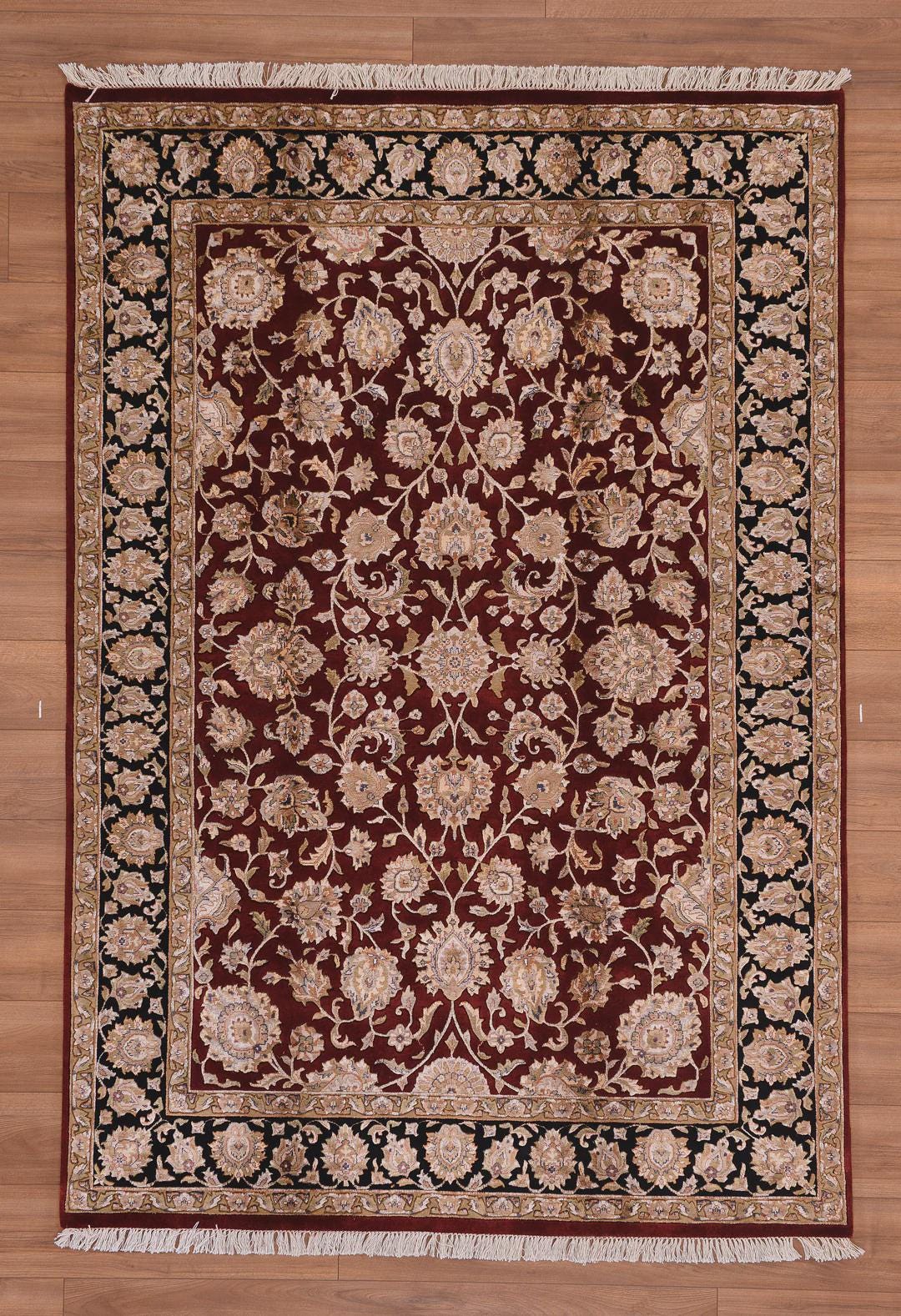 Hand Knotted Indian Usak Rug: Black & Red Wool Bamboo Carpet (5x8 ft)