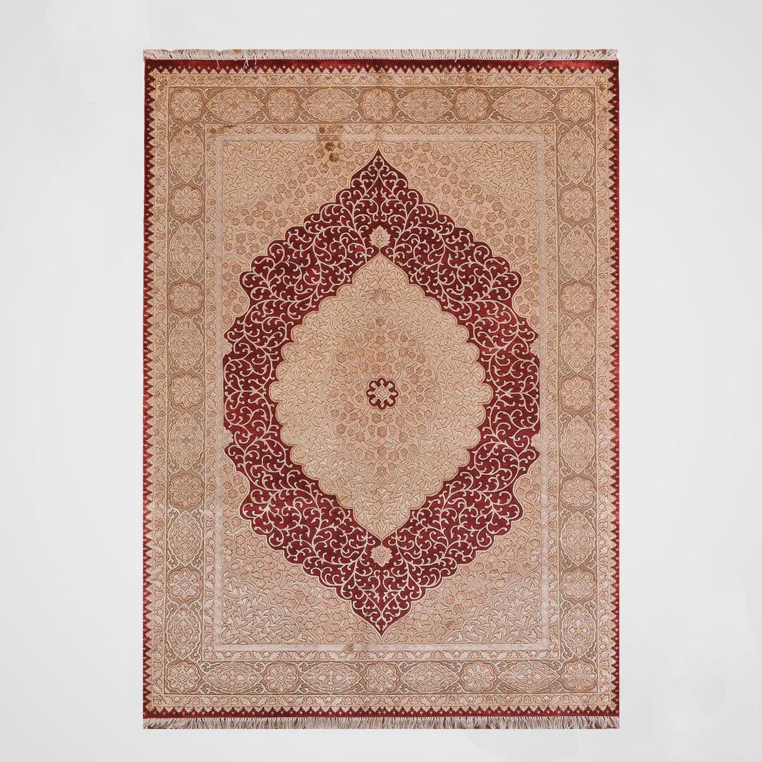 Indian Original Hand-Woven Beige Red Wool Bamboo Carpet 174x240