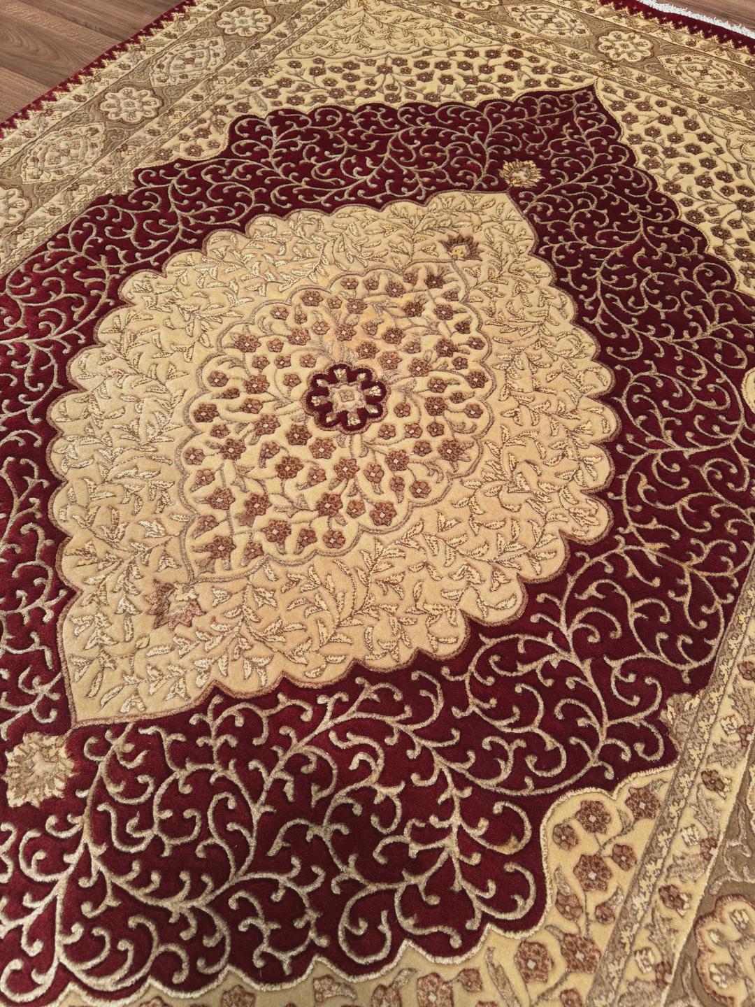 Indian Original Hand-Woven Beige Red Wool Bamboo Carpet 174x240
