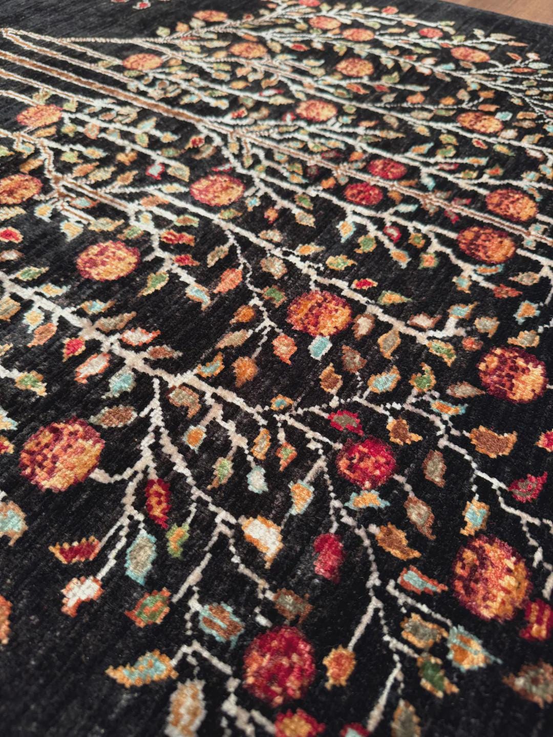 Sultani Tree of Life Original Hand-Woven Black Root Dye Wool Carpet 0.97x150