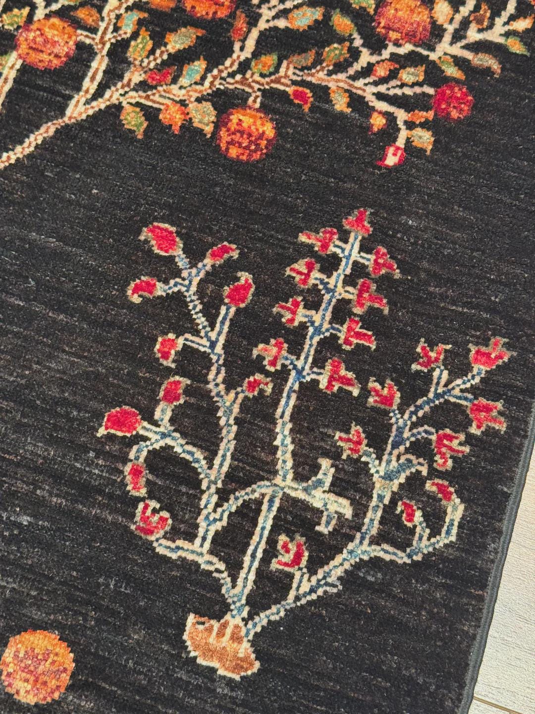 Sultani Tree of Life Original Hand-Woven Black Root Dye Wool Carpet 0.97x150