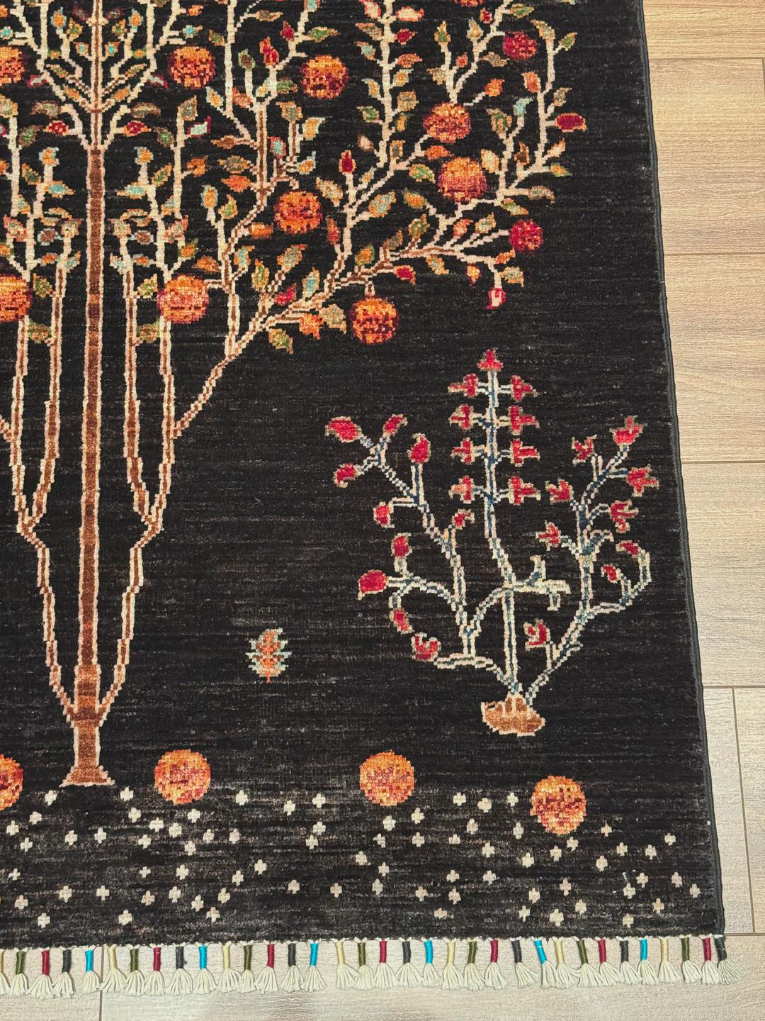 Sultani Tree of Life Original Hand-Woven Black Root Dye Wool Carpet 0.97x150