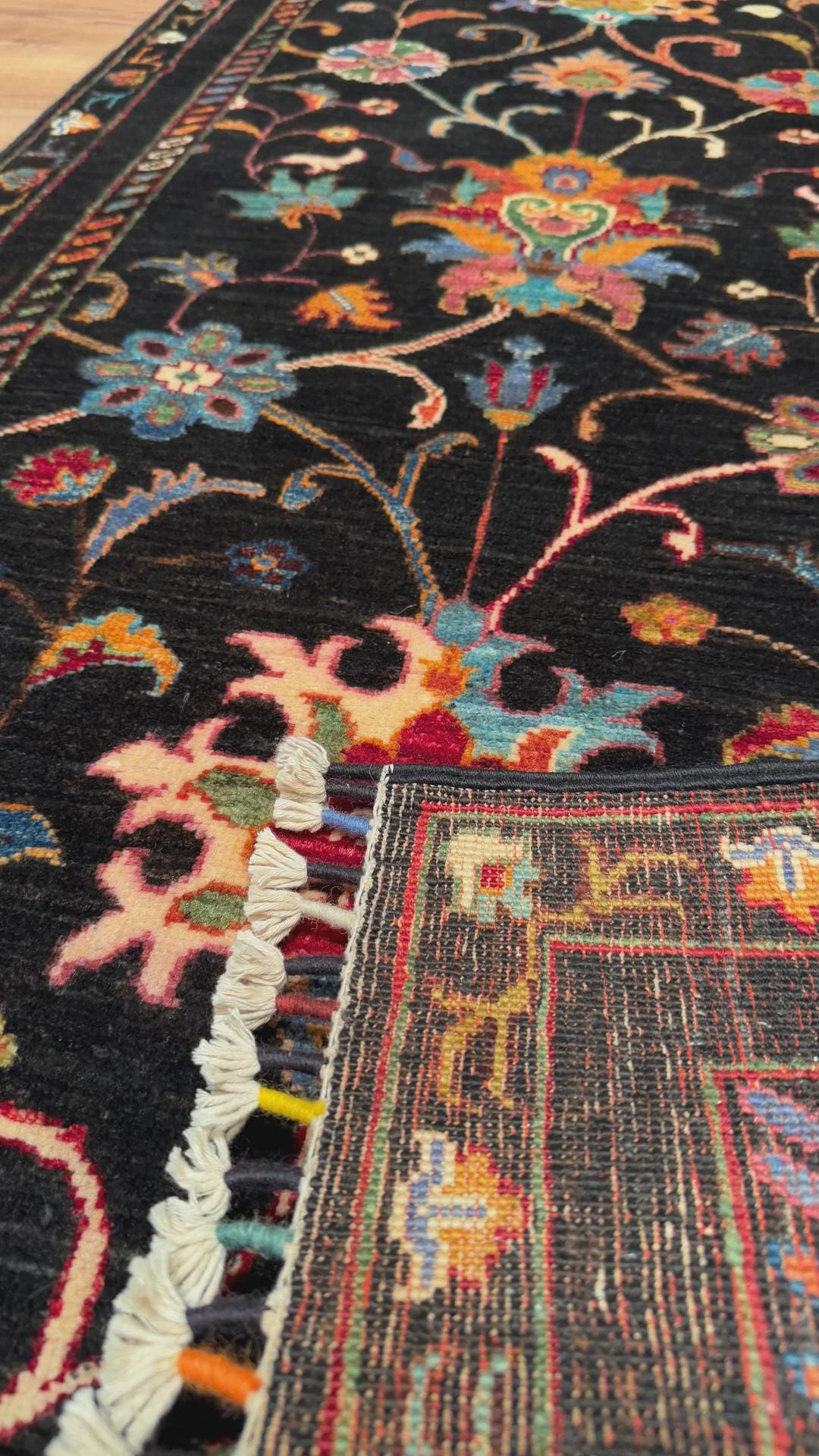 Sultani Floral Runner Original Hand-Woven Black Root Dye Wool Carpet 0.81x207