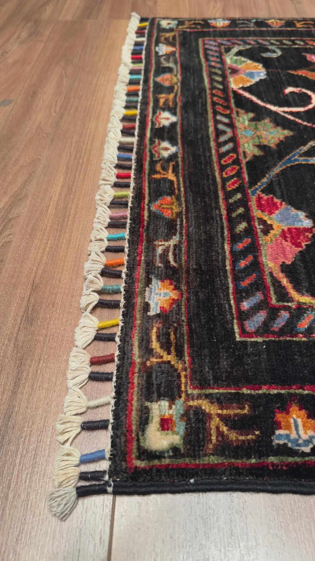 Sultani Floral Runner Original Hand-Woven Black Root Dye Wool Carpet 0.81x207