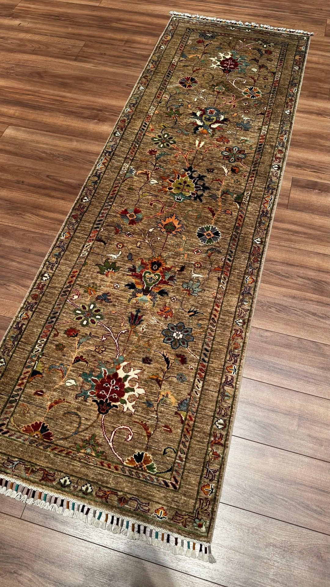 Sultani Floral Runner Original Hand-Woven Beige Root Dye Wool Carpet 0.83x259