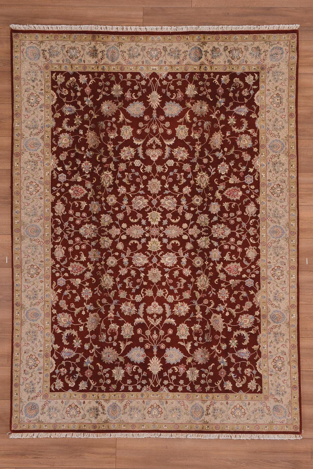 Hand-Knotted Indian Uşak Rug: Red Cream Wool Bamboo, 5x8 ft