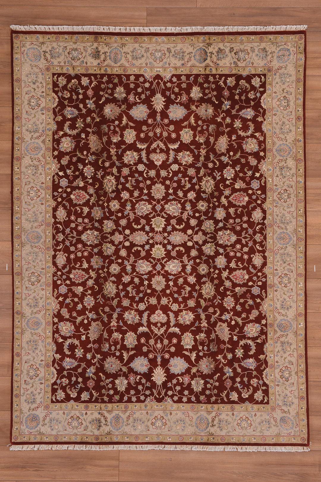 Hand-Knotted Indian Uşak Rug: Red Cream Wool Bamboo, 5x8 ft