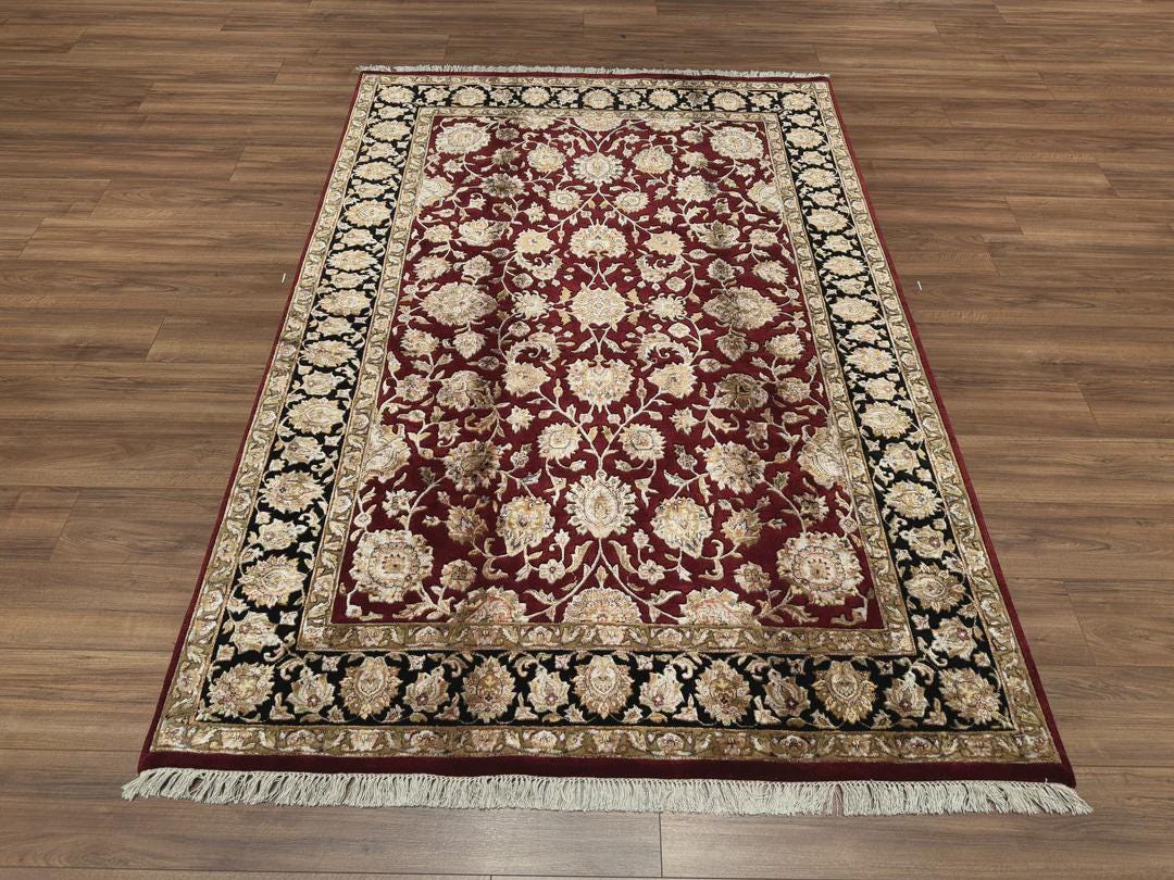 Hand Knotted Indian Usak Rug: Black & Red Wool Bamboo Carpet (5x8 ft)
