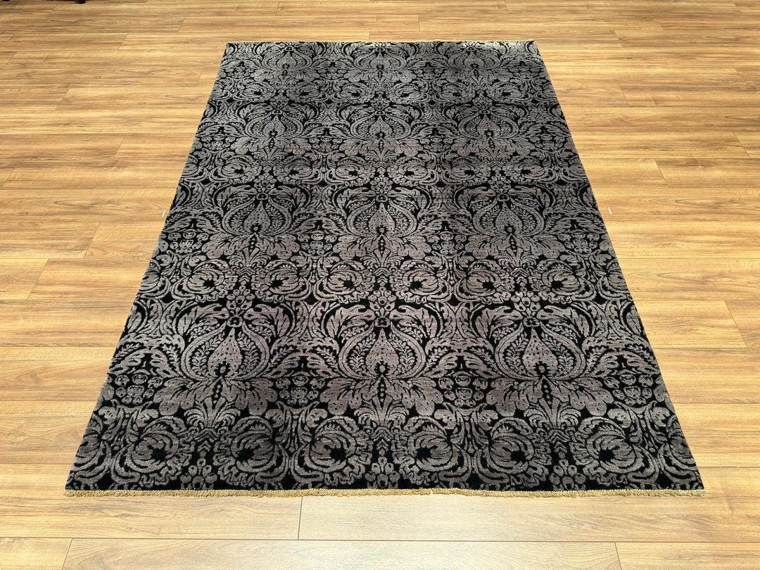 Black Gray Handwoven Turkish Rug – Bamboo & Wool Blend – 170x240 cm – Modern Floral Carpet