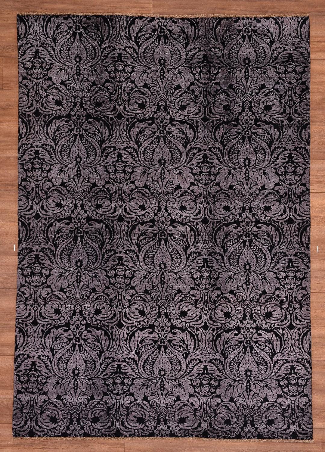 Black Gray Handwoven Turkish Rug – Bamboo & Wool Blend – 170x240 cm – Modern Floral Carpet