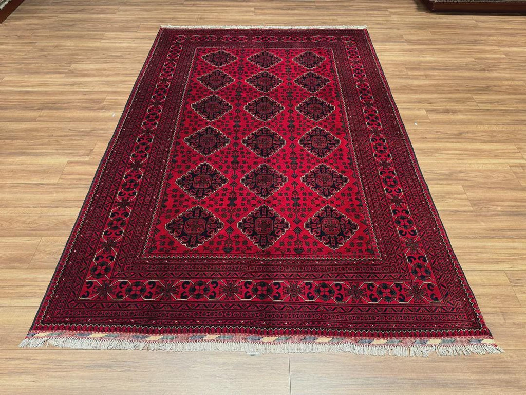 Kırmızı Vintage Afgan Halısı - El Dokuma Yün Halı - Geleneksel Oryantal Desen - 196x289 cm