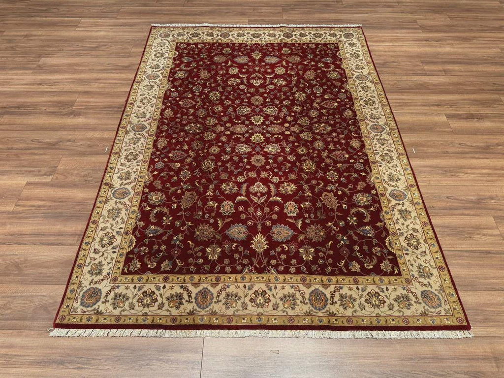 Hand-Knotted Indian Uşak Rug: Red Cream Wool Bamboo, 5x8 ft
