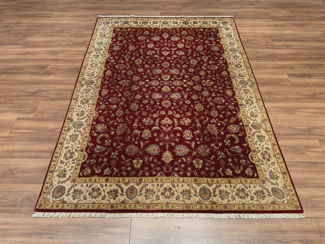 Hand-Knotted Indian Uşak Rug: Red Cream Wool Bamboo, 5x8 ft