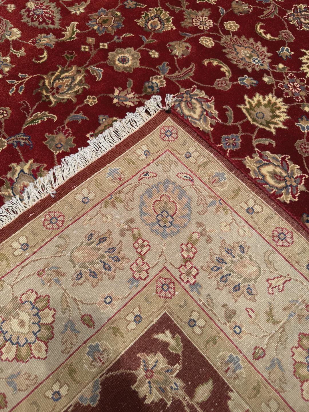 Hand-Knotted Indian Uşak Rug: Red Cream Wool Bamboo, 5x8 ft