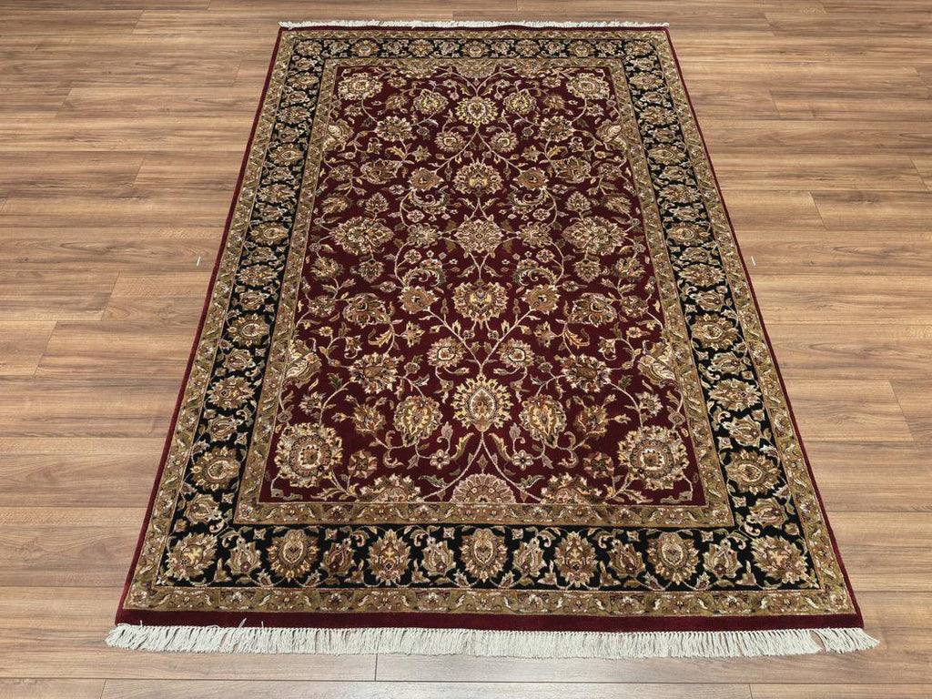Hand Knotted Indian Usak Rug: Black & Red Wool Bamboo Carpet (5x8 ft)
