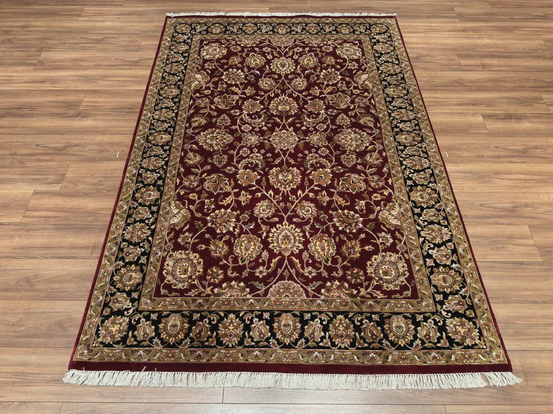 Hand Knotted Indian Usak Rug: Black & Red Wool Bamboo Carpet (5x8 ft)
