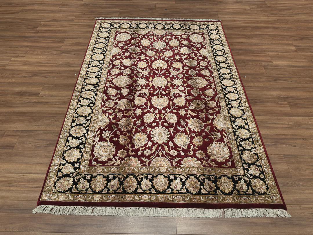 Hand Knotted Indian Usak Rug: Black & Red Wool Bamboo Carpet (5x8 ft)