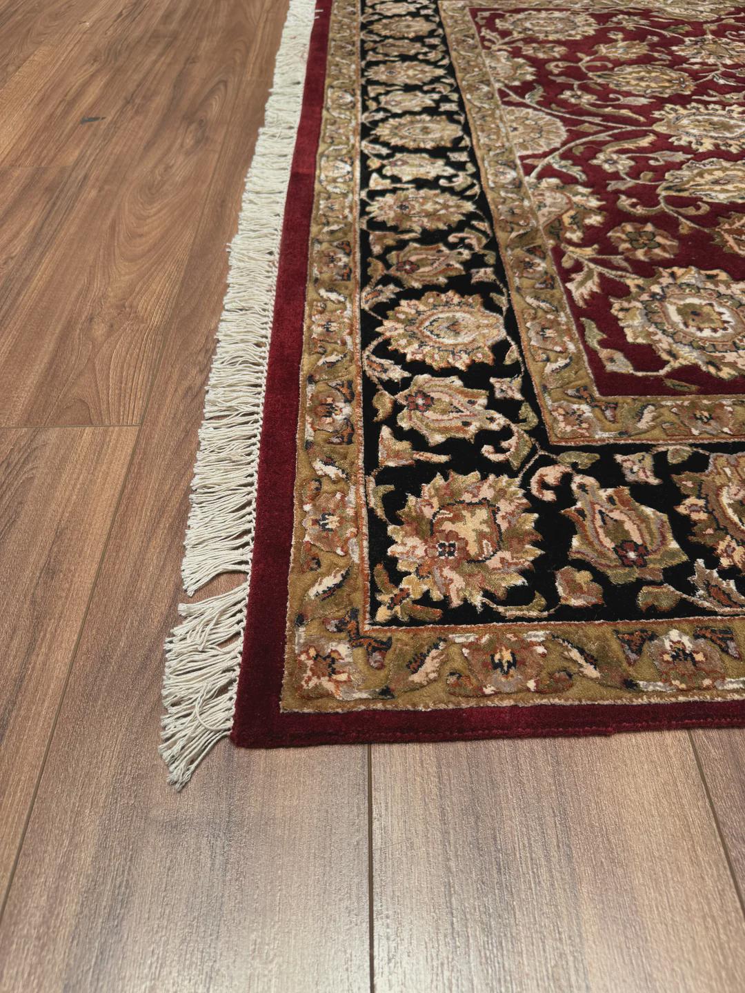 Hand Knotted Indian Usak Rug: Black & Red Wool Bamboo Carpet (5x8 ft)