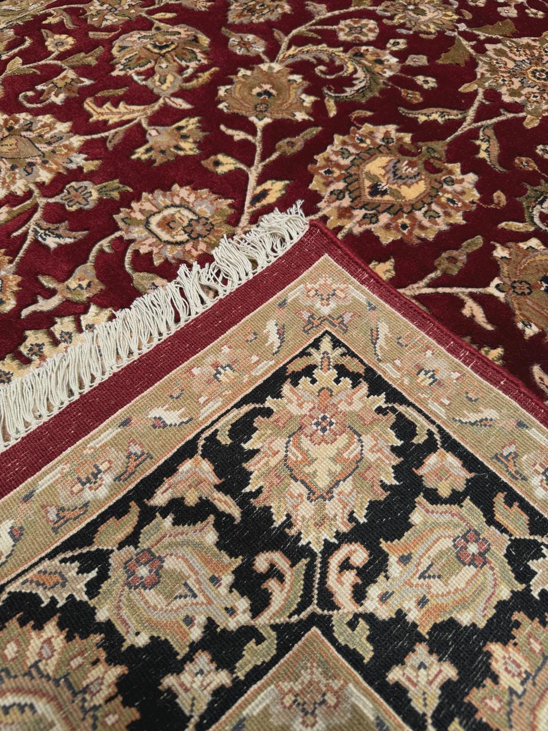 Hand Knotted Indian Usak Rug: Black & Red Wool Bamboo Carpet (5x8 ft)