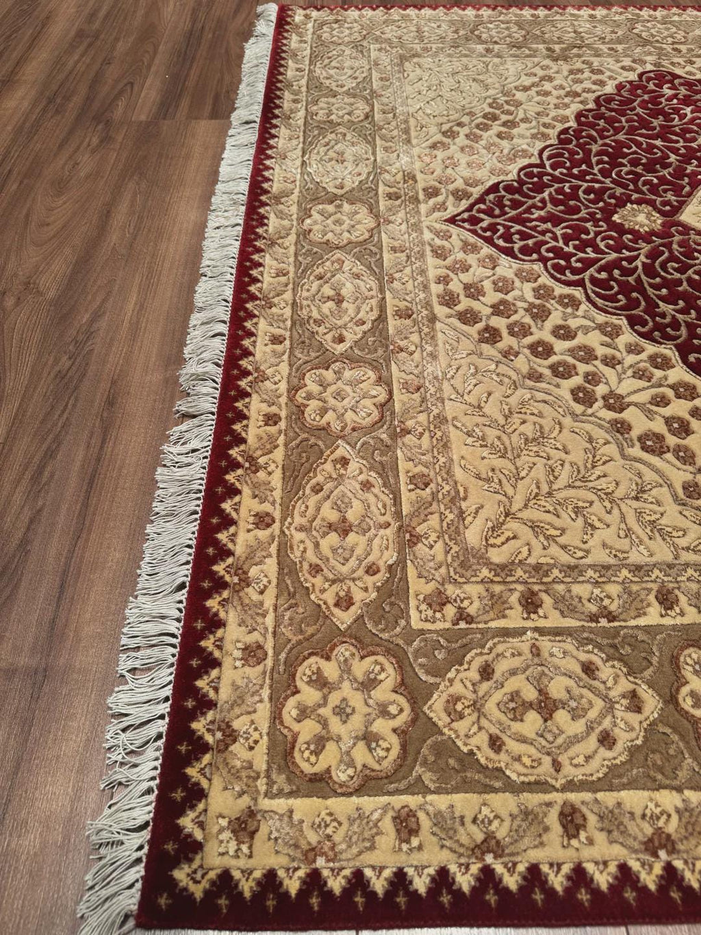 Indian Original Hand-Woven Beige Red Wool Bamboo Carpet 174x240