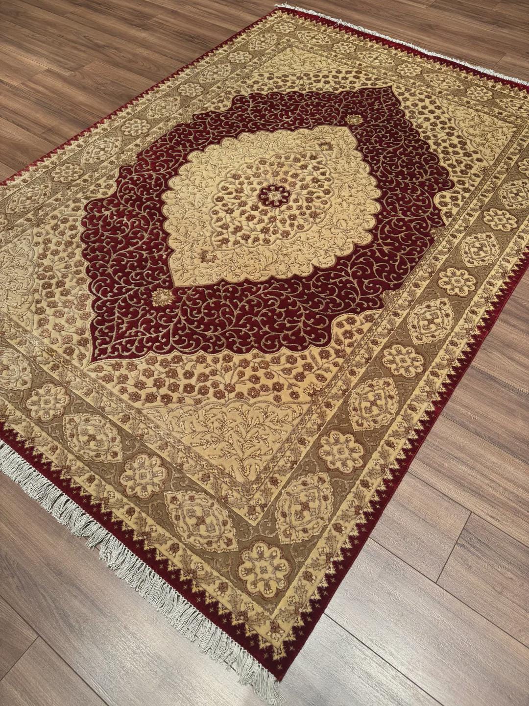 Indian Original Hand-Woven Beige Red Wool Bamboo Carpet 174x240