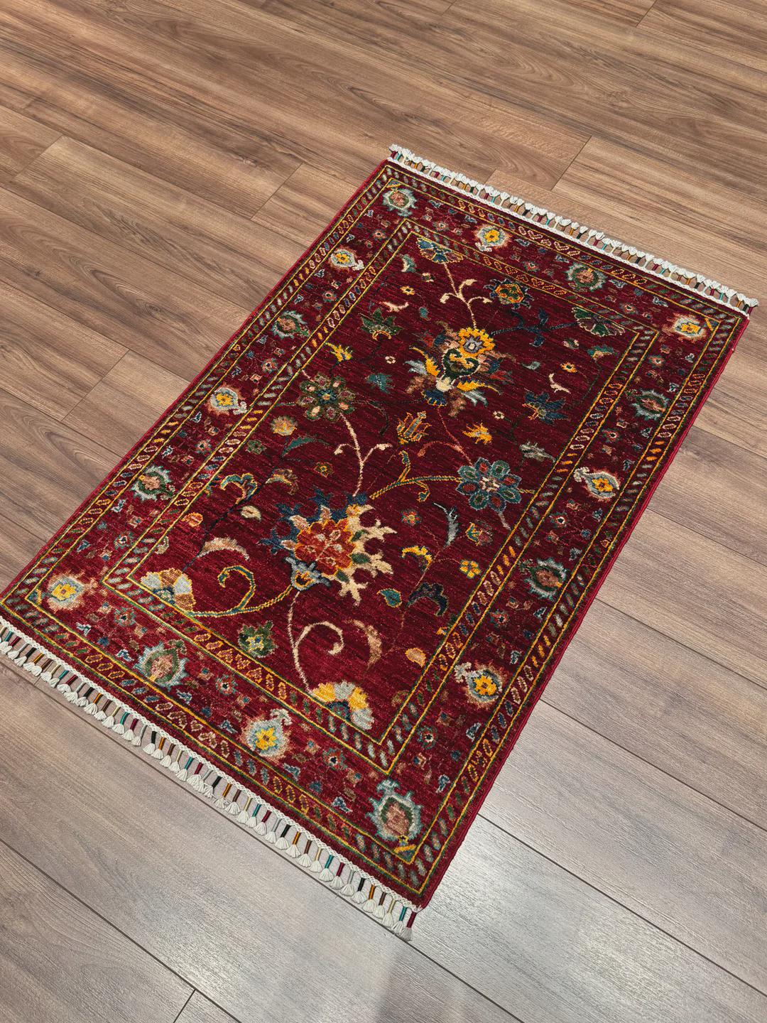 Handmade Sultani Rug 2.6x3.9 ft: Red Root Dye Wool, Turkish Vintage Style