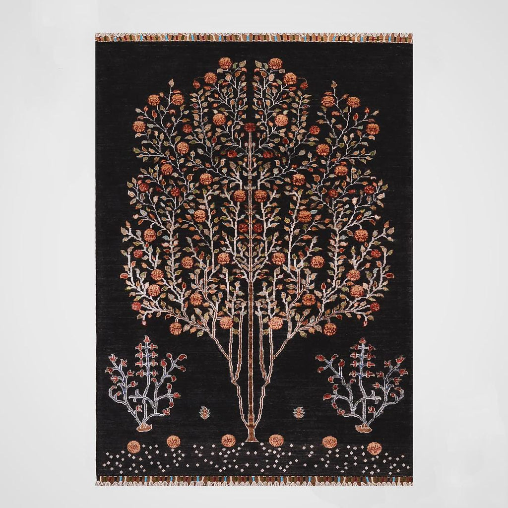 Sultani Tree of Life Original Hand-Woven Black Root Dye Wool Carpet 0.97x150