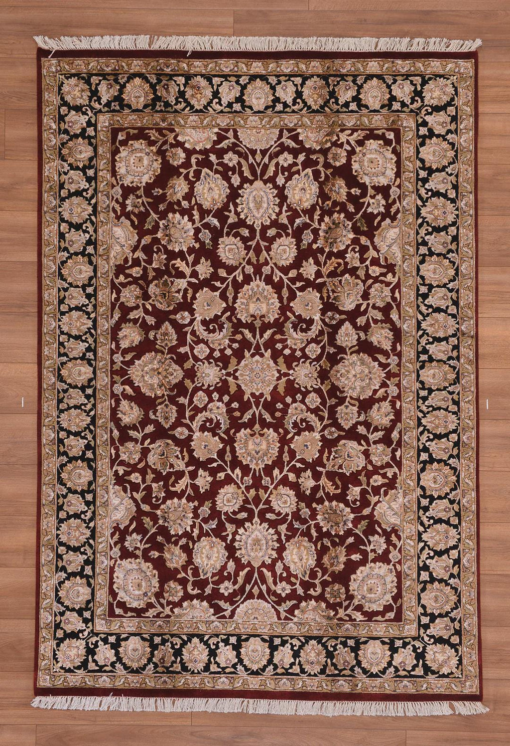 Hand Knotted Indian Usak Rug: Black & Red Wool Bamboo Carpet (5x8 ft)