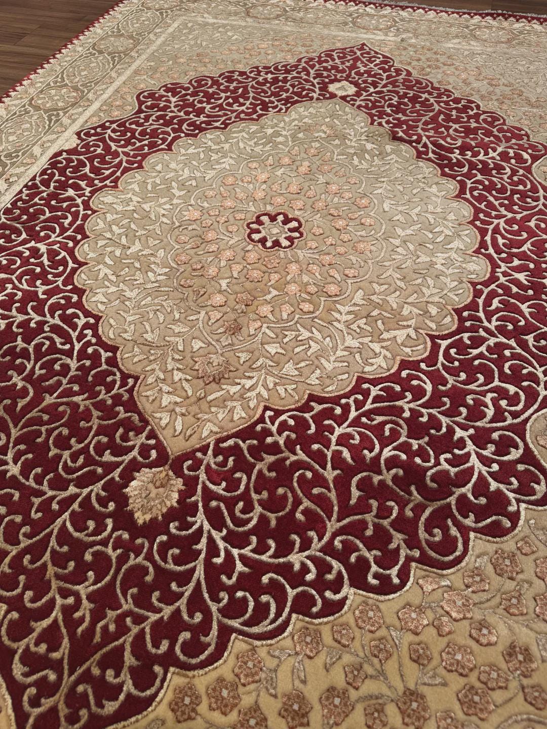 Indian Original Hand-Woven Beige Red Wool Bamboo Carpet 174x240