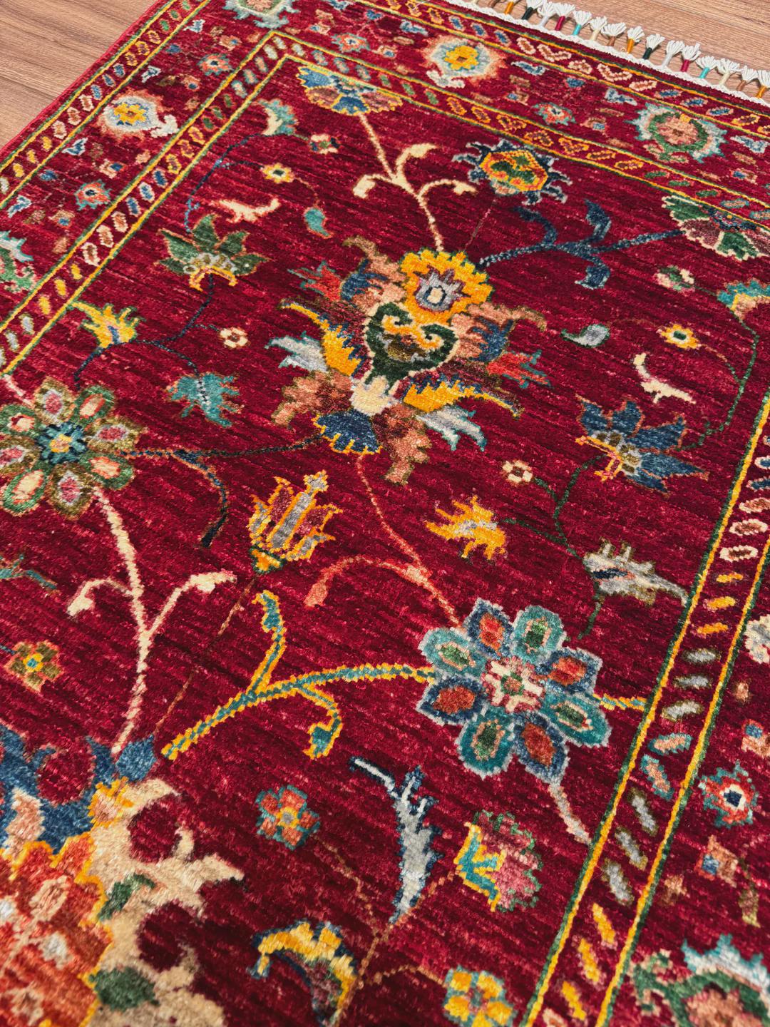 Handmade Sultani Rug 2.6x3.9 ft: Red Root Dye Wool, Turkish Vintage Style