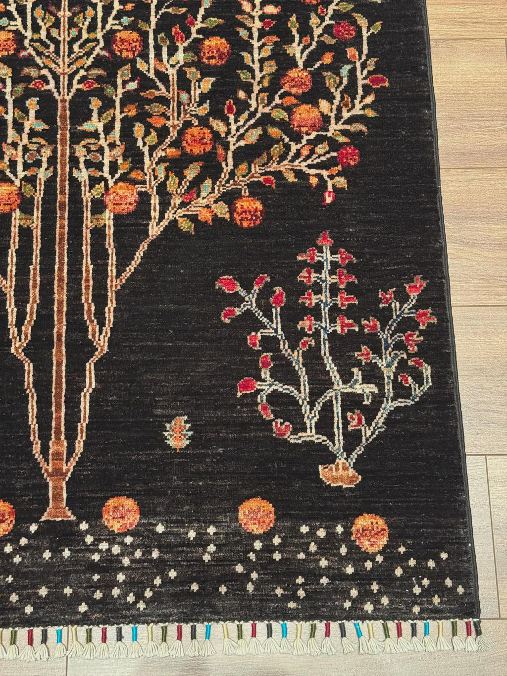Sultani Tree of Life Original Hand-Woven Black Root Dye Wool Carpet 0.97x150
