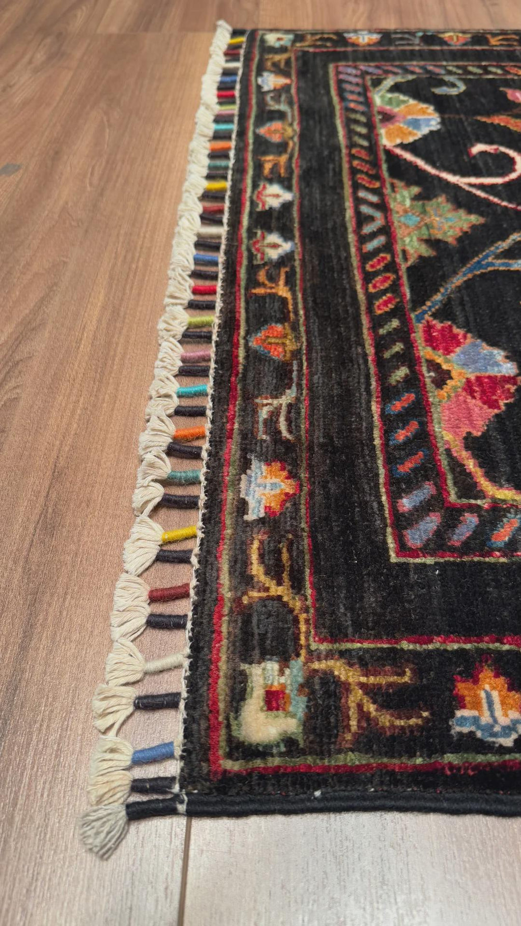 Sultani Floral Runner Original Hand-Woven Black Root Dye Wool Carpet 0.81x207